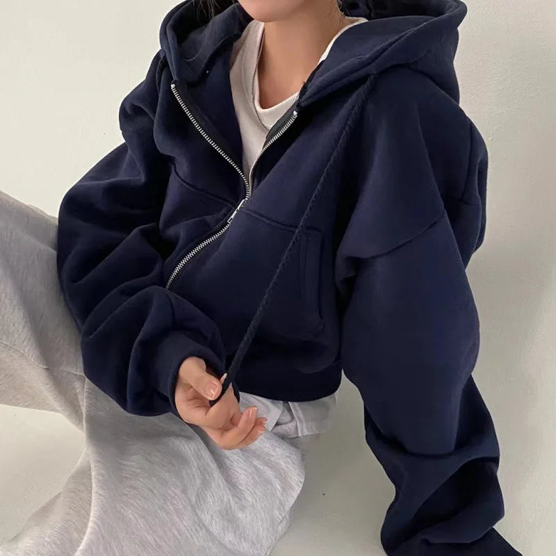 Women’s Fleece-Lined Zip-Up Hooded Sweatshirt – Slim Fit, Warm & Stylish (Navy Blue)